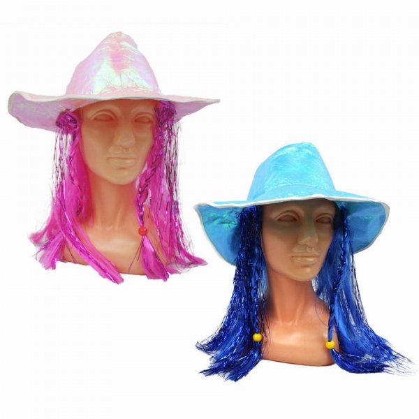 Αποκριάτικο Γυαλιστερό Καπέλο με Μαλλιά σε 2 Χρώματα